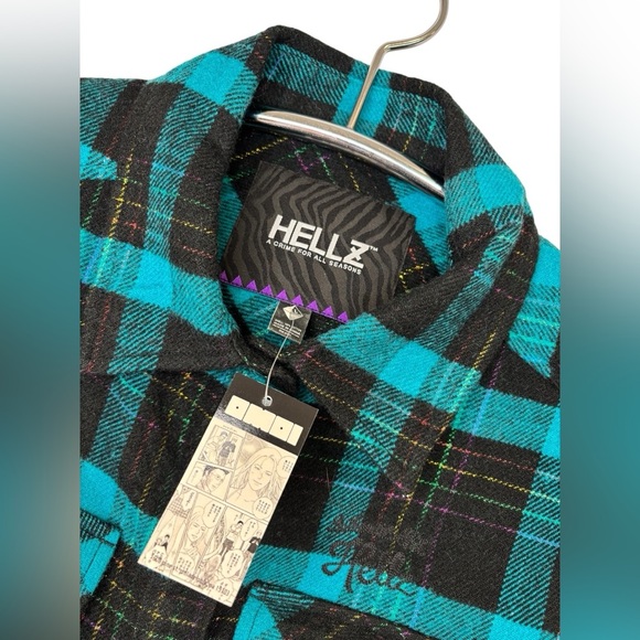 NWT HELLZ TEAL BLACK PLAID COLLARED BUTTON UP LONG SLEEVE 100% COTTON, SMALL - Picture 4 of 15